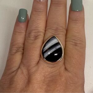 925 Sterling Silver black agate teardrop ring size 10
